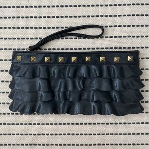 Cute Black Ruffled Faux Leather Clutch Purse with Gold Stud Details 11” x 5”